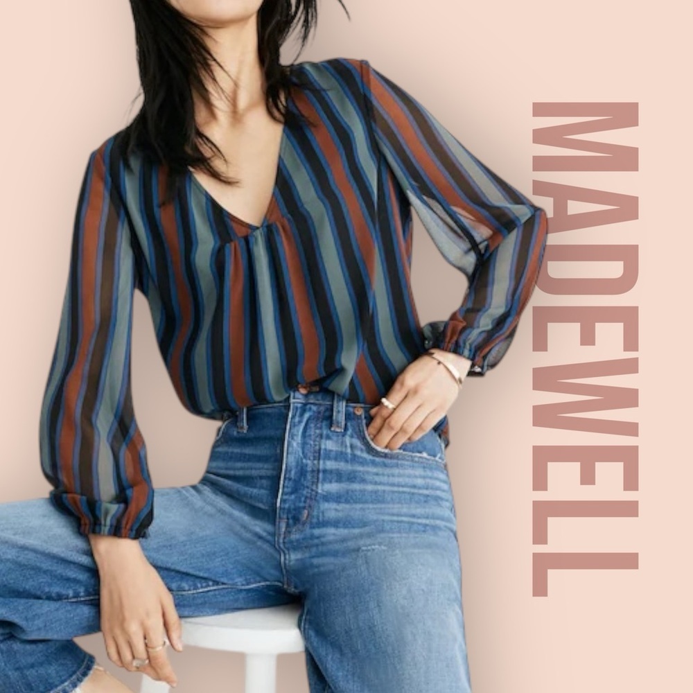 Madewell Women's Blouse Large Academy Stripe Retro Sheer Sleeve Modern Top